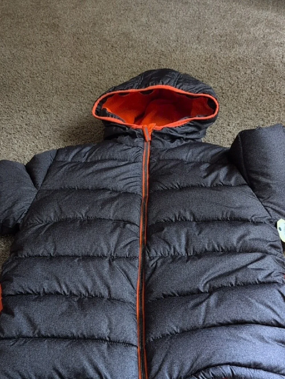 Faded Glory Dark Gray Puffer Jacket with Orange Lining